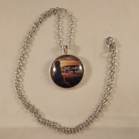 Silver Golden Retriever Labrador "Dogs Make Life Better" Cabochon Necklace 20" - Picture 3 of 3